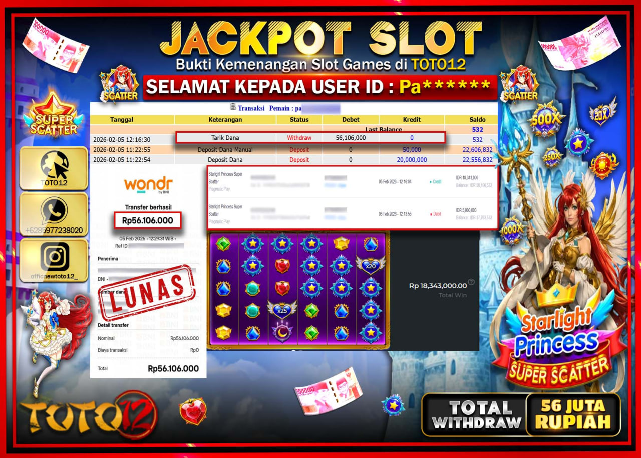 HANYA DI TOTO12 JP PASTI DI BAYAR LUNAS DAN CEPAT!!!!!! JACKPOT SLOT GAME (STARLIGHT PRINCESS SUPER SCATTER) Rp.56.000.000 !!!!