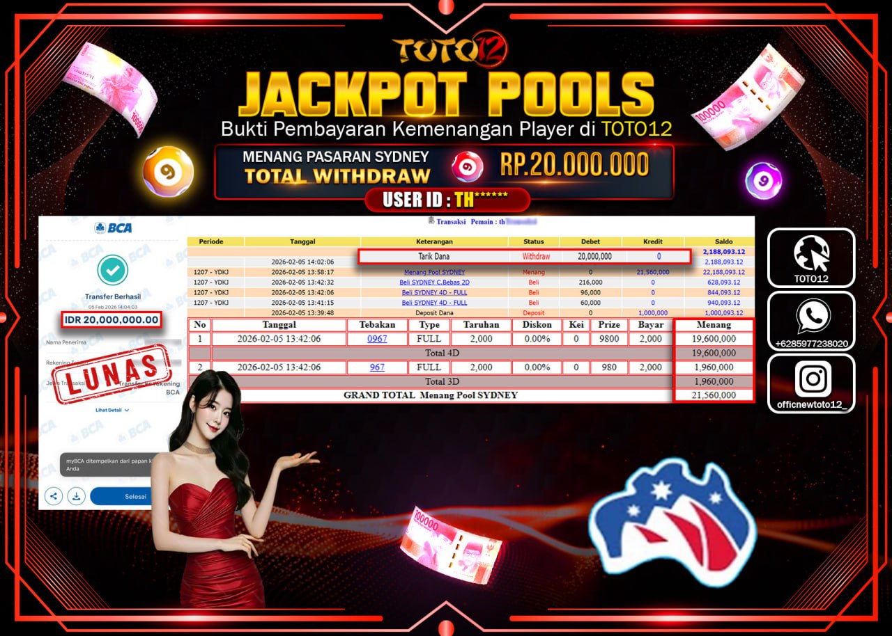 HANYA DI TOTO12 JP PASTI DI BAYAR LUNAS DAN CEPAT!!!!!! JACKPOT POOLS PASARAN (SYDNEY) Rp.20.000.000 !!!!