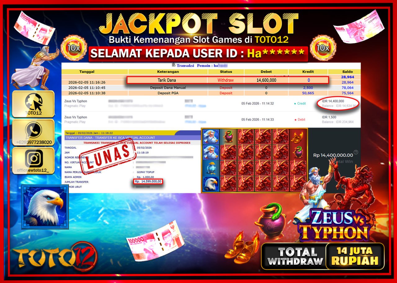 HANYA DI TOTO12 JP PASTI DI BAYAR LUNAS DAN CEPAT!!!!!! JACKPOT SLOT GAME (ZEUS VS TYPHON) Rp.14.600.000 !!!!