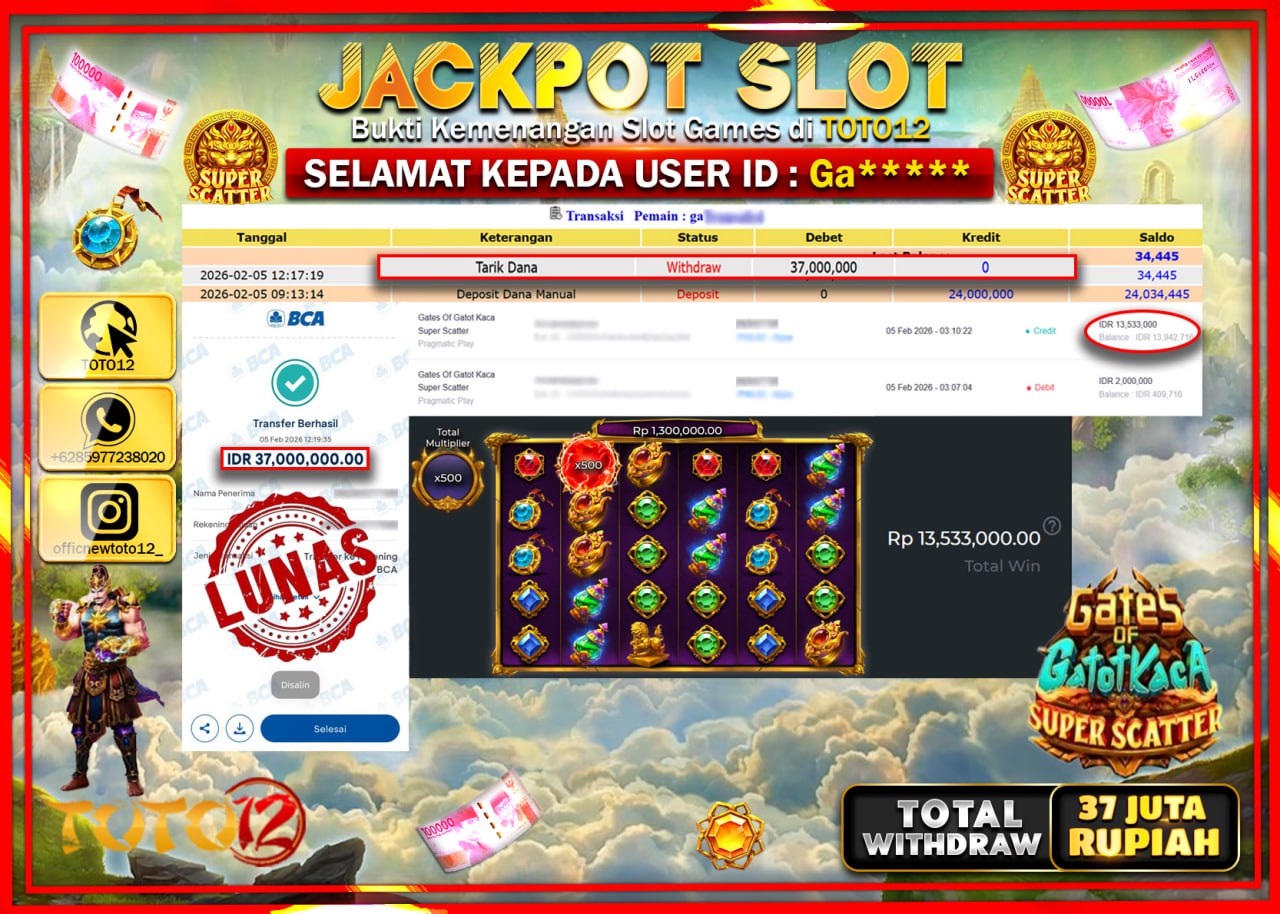 HANYA DI TOTO12 JP PASTI DI BAYAR LUNAS DAN CEPAT!!!!!! JACKPOT SLOT GAME (GATES OF GATOT KACA SUPER SCATTER) Rp.37.000.000 !!!!