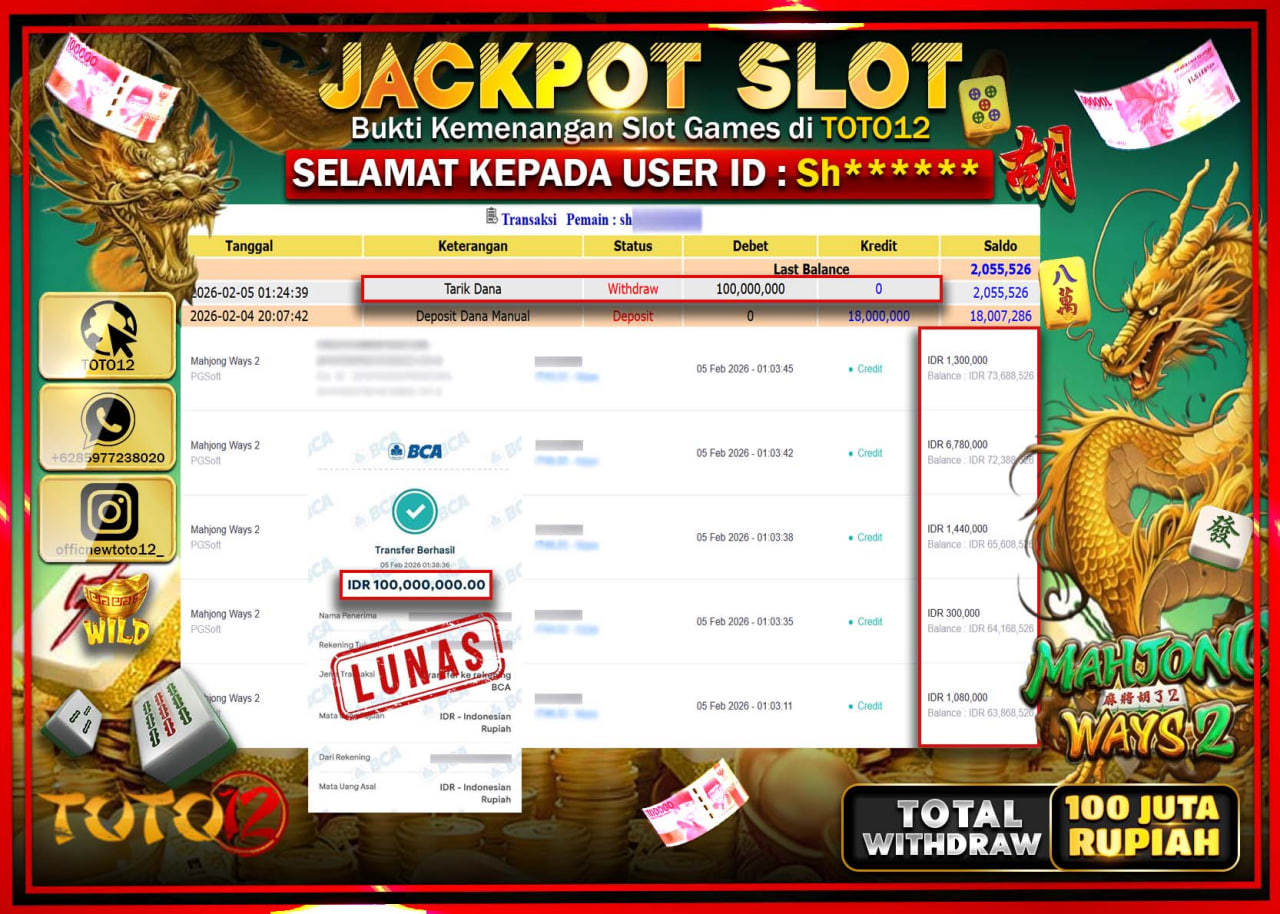 HANYA DI TOTO12 JP PASTI DI BAYAR LUNAS DAN CEPAT!!!!!! JACKPOT SLOT GAME (MAHJONG WAYS 2) Rp.100.000.000 !!!!