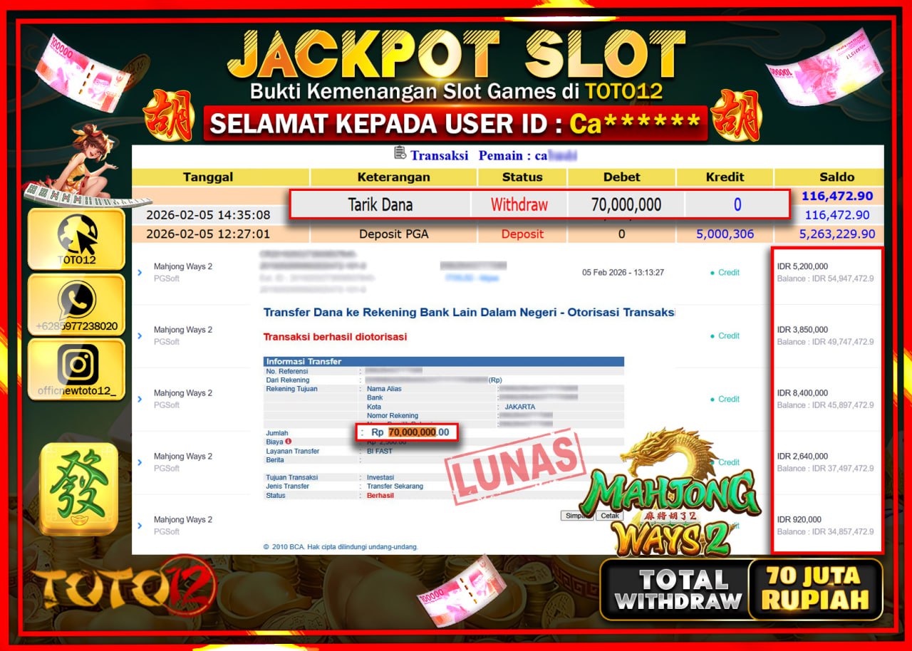 HANYA DI TOTO12 JP PASTI DI BAYAR LUNAS DAN CEPAT!!!!!! JACKPOT SLOT GAME (MAHJONG WAYS 2) Rp.70.000.000 !!!!