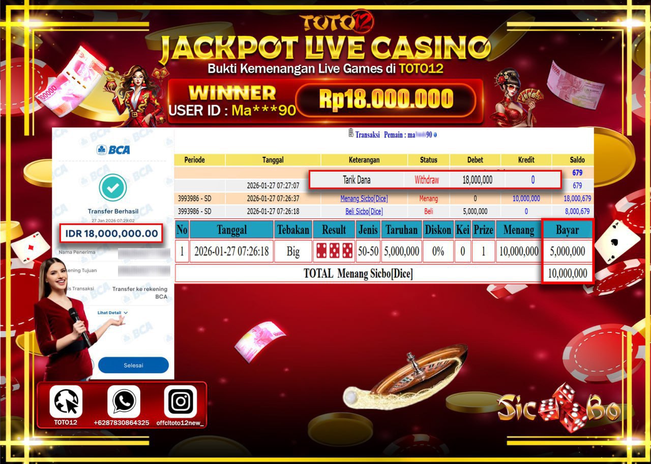 HANYA DI TOTO12 JP PASTI DI BAYAR LUNAS DAN CEPAT!!!!!! JACKPOT LIVE CASINO (SIC BO) Rp.18.000.000 !!!!