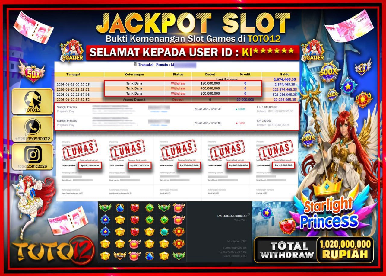 HANYA DI TOTO12 JP PASTI DI BAYAR LUNAS DAN CEPAT!!!!!! JACKPOT SLOT GAME (STARLIGHT PRINCESS) Rp.1.020.000.000 !!!!