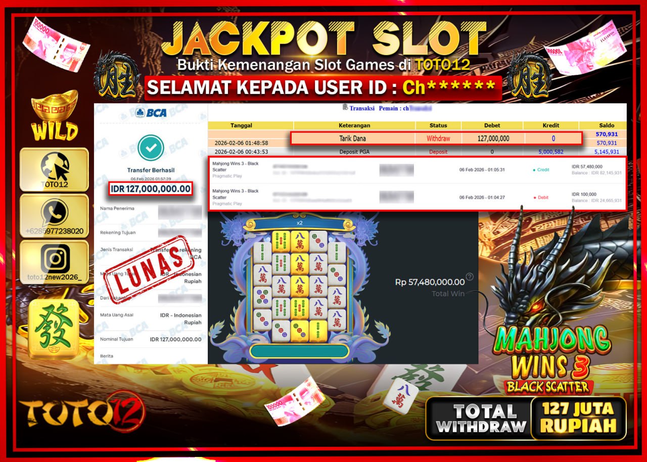 HANYA DI TOTO12 JP PASTI DI BAYAR LUNAS DAN CEPAT!!!!!! JACKPOT SLOT GAME (MAHJONG WINS 3 BLACK SCATTER) Rp.127.000.000!!!!