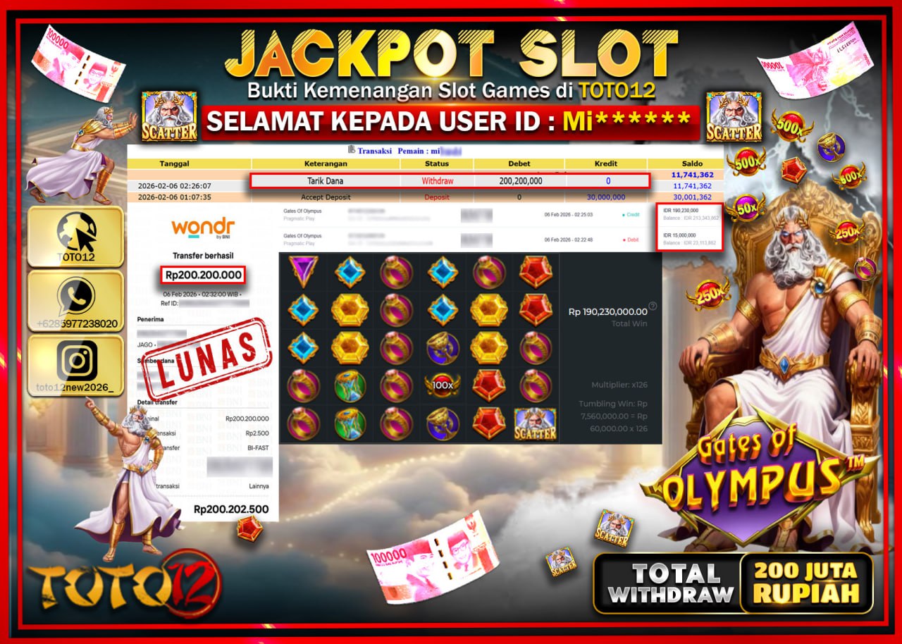 HANYA DI TOTO12 JP PASTI DI BAYAR LUNAS DAN CEPAT!!!!!! JACKPOT SLOT GAME (GATES OF OLYMPUS) Rp.200.200.000!!!!