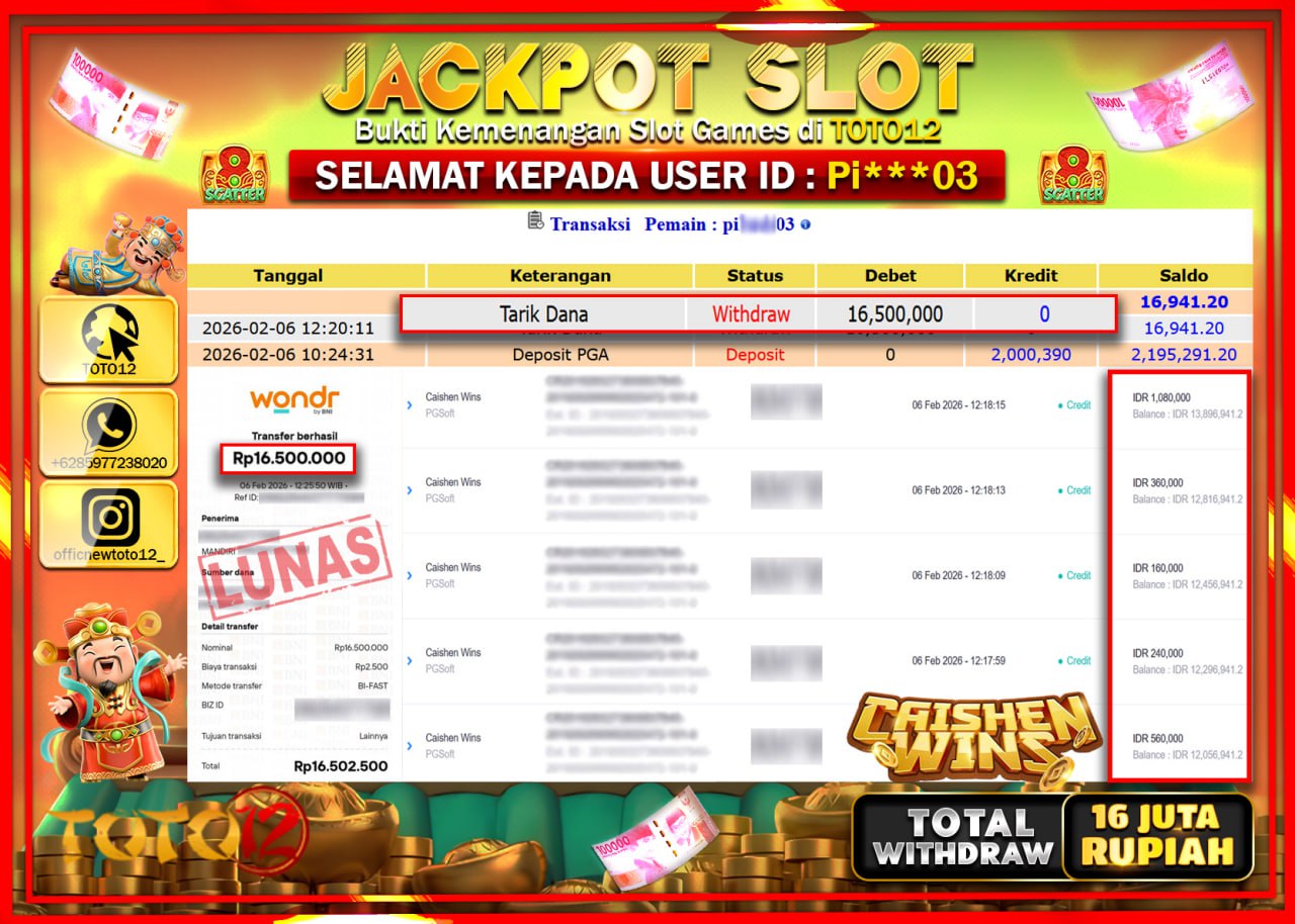 HANYA DI TOTO12 JP PASTI DI BAYAR LUNAS DAN CEPAT!!!!!! JACKPOT SLOT GAME (CAISHEN WINS) Rp.16.500.000!!!!