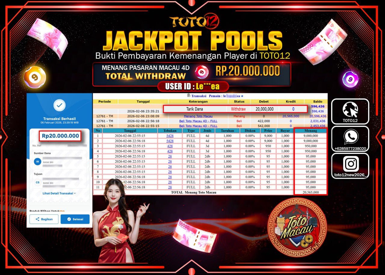 HANYA DI TOTO12 JP PASTI DI BAYAR LUNAS DAN CEPAT!!!!!! JACKPOT POOLS PASARAN (MACAU 4D) Rp.20.000.000 !!!!