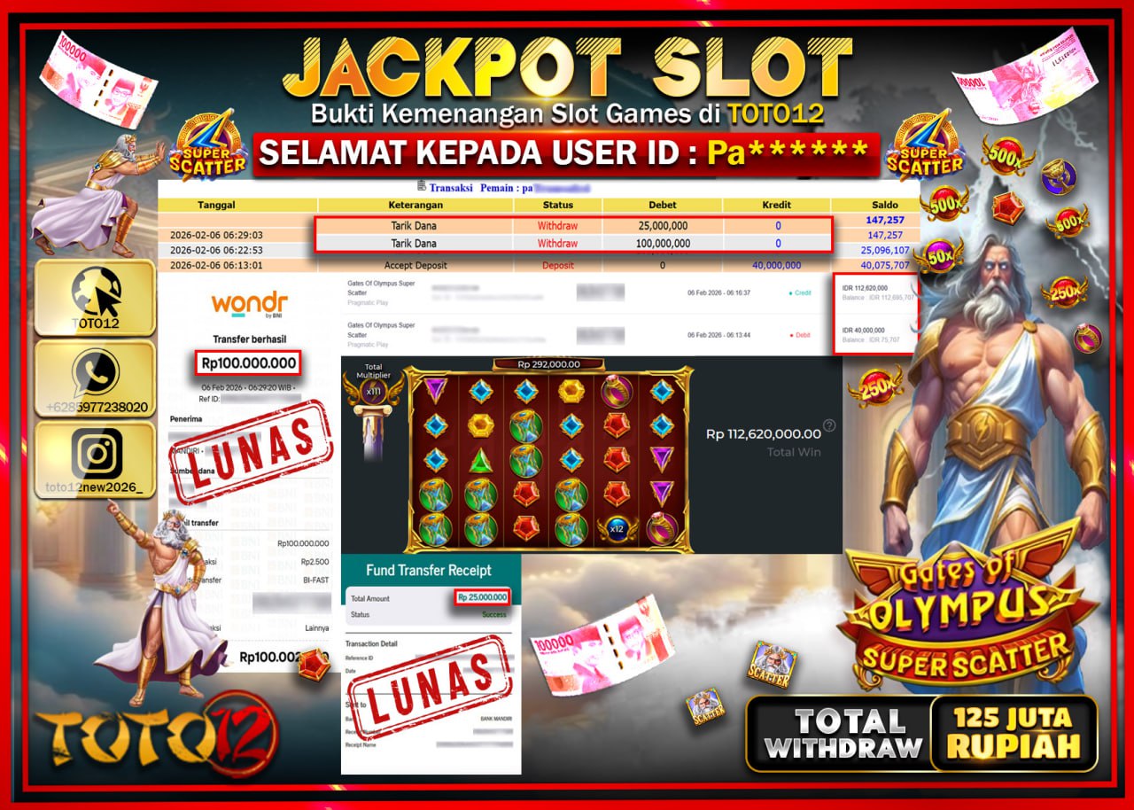 HANYA DI TOTO12 JP PASTI DI BAYAR LUNAS DAN CEPAT!!!!!! JACKPOT SLOT GAME (GATES OF OLYMPUS SUPER SCATTER) Rp.125.000.000!!!!