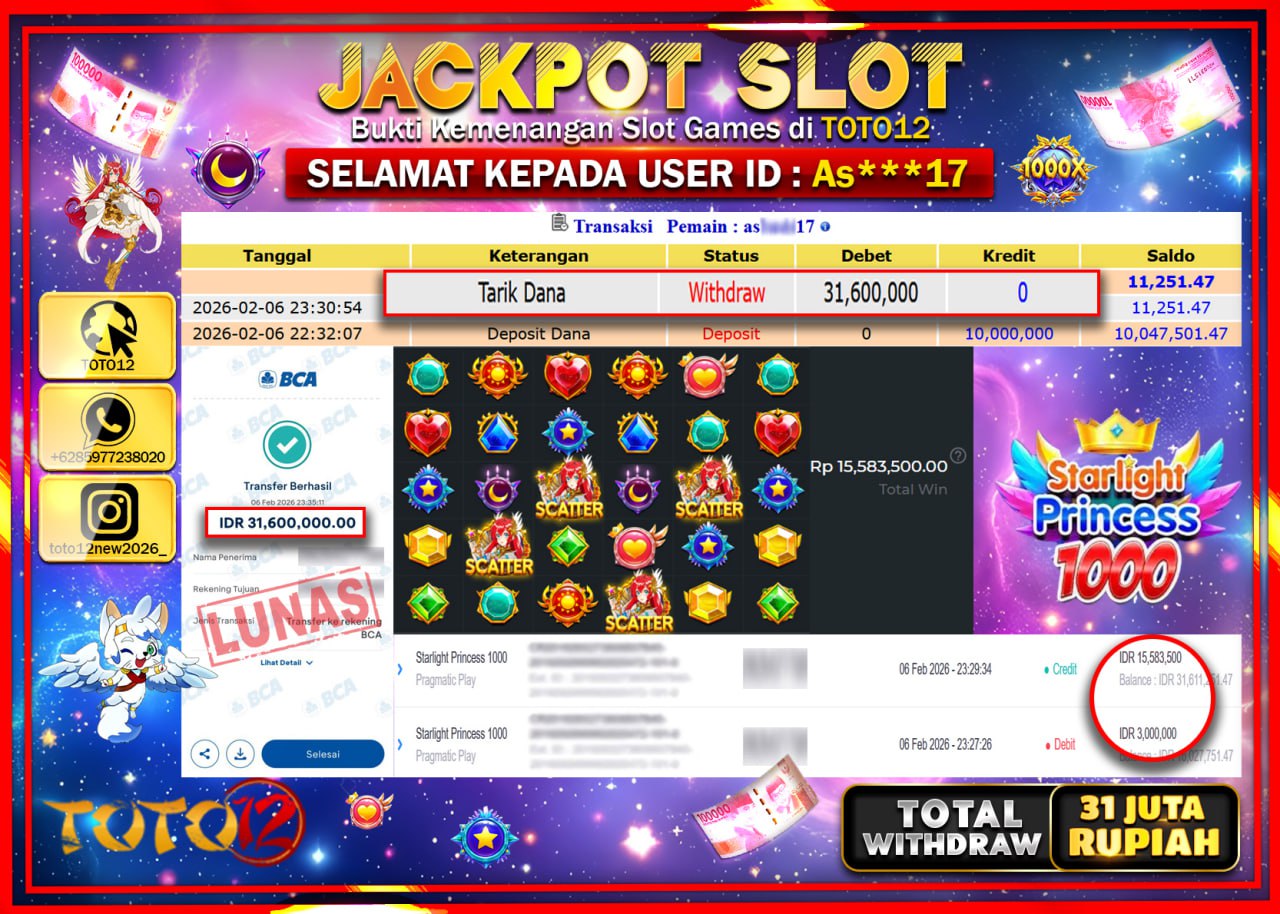 HANYA DI TOTO12 JP PASTI DI BAYAR LUNAS DAN CEPAT!!!!!! JACKPOT SLOT GAME (STARLIGHT PRINCESS 1000) Rp.31.600.000!!!!