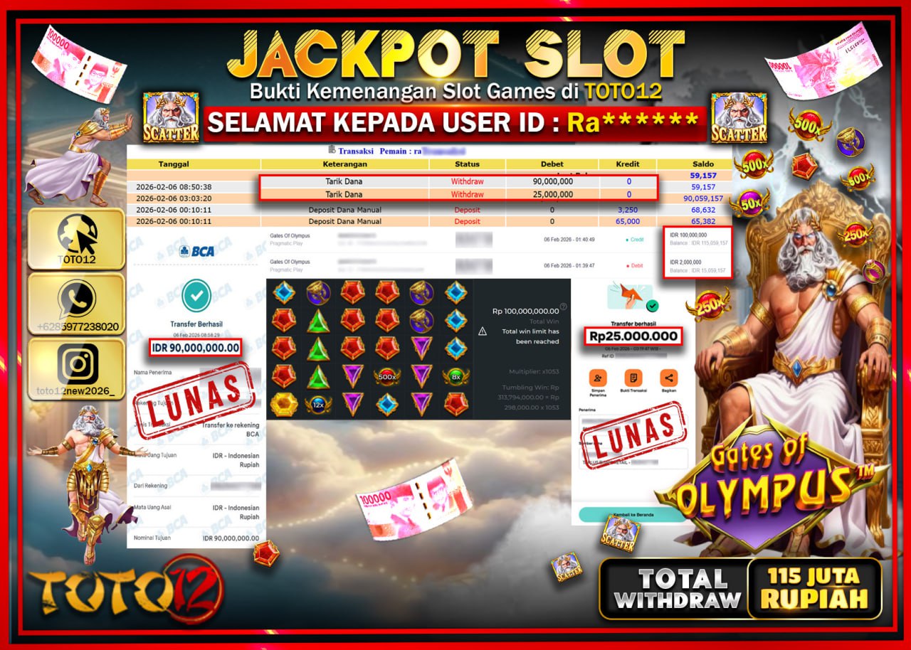 HANYA DI TOTO12 JP PASTI DI BAYAR LUNAS DAN CEPAT!!!!!! JACKPOT SLOT GAME (GATES OF OLYMPUS) Rp.115.000.000!!!!