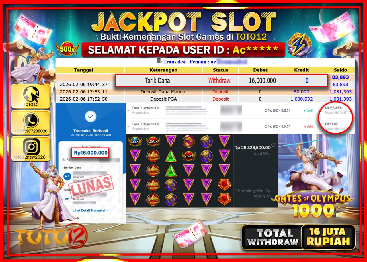 HANYA DI TOTO12 JP PASTI DI BAYAR LUNAS DAN CEPAT!!!!!! JACKPOT SLOT GAME (GATES OF OLYMPUS 1000) Rp.16.000.000!!!!
