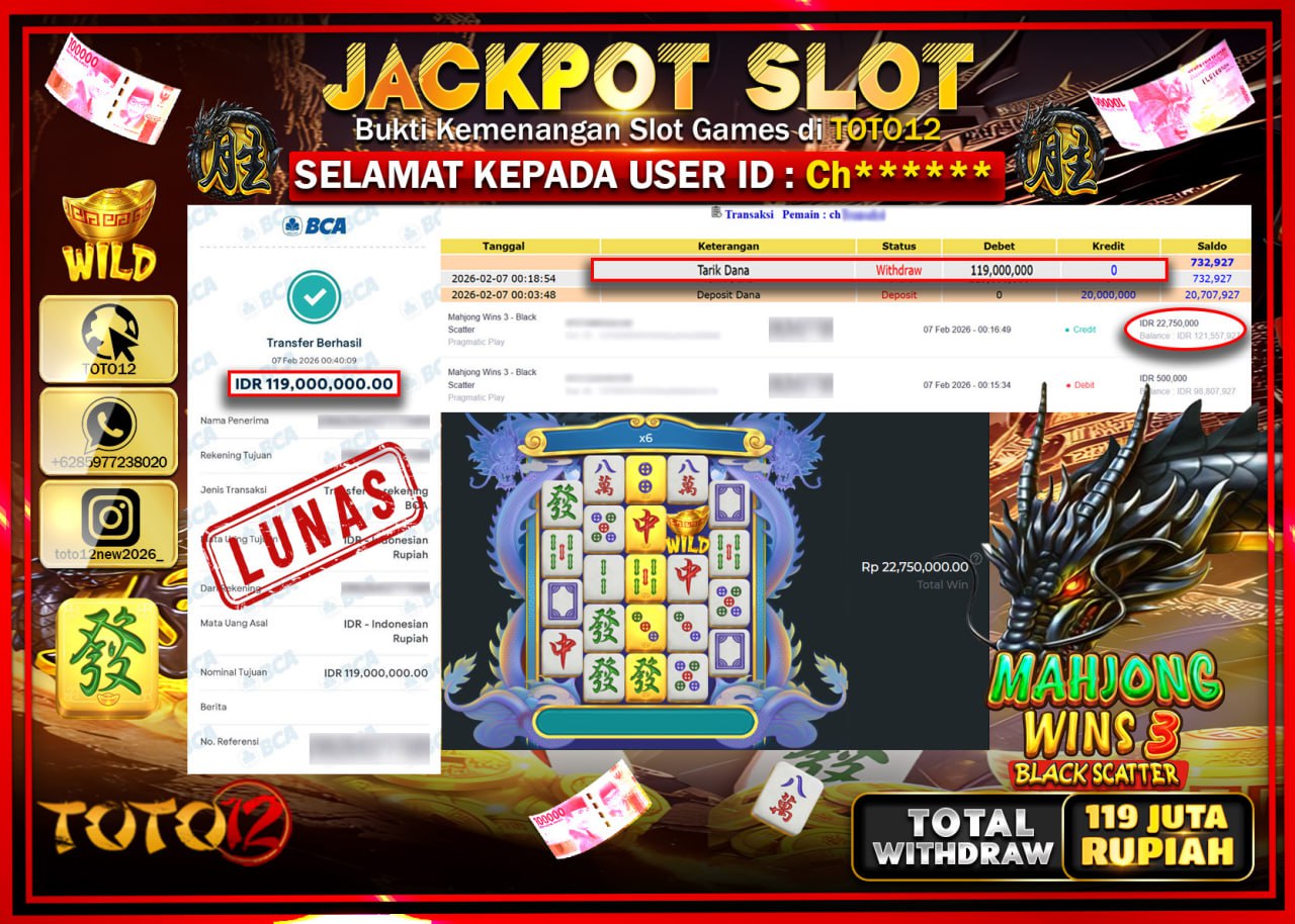 HANYA DI TOTO12 JP PASTI DI BAYAR LUNAS DAN CEPAT!!!!!! JACKPOT SLOT GAME (MAHJONG WINS 3 BLACK SCATTER) Rp.119.000.000!!!!