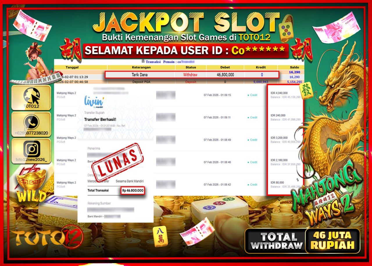 HANYA DI TOTO12 JP PASTI DI BAYAR LUNAS DAN CEPAT!!!!!! JACKPOT SLOT GAME (MAHJONG WAYS 2) Rp.46.800.000!!!!