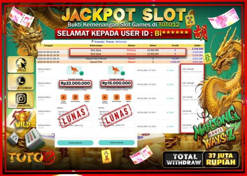HANYA DI TOTO12 JP PASTI DI BAYAR LUNAS DAN CEPAT!!!!!! JACKPOT SLOT GAME (MAHJONG WAYS 2) Rp.37.000.000!!!!