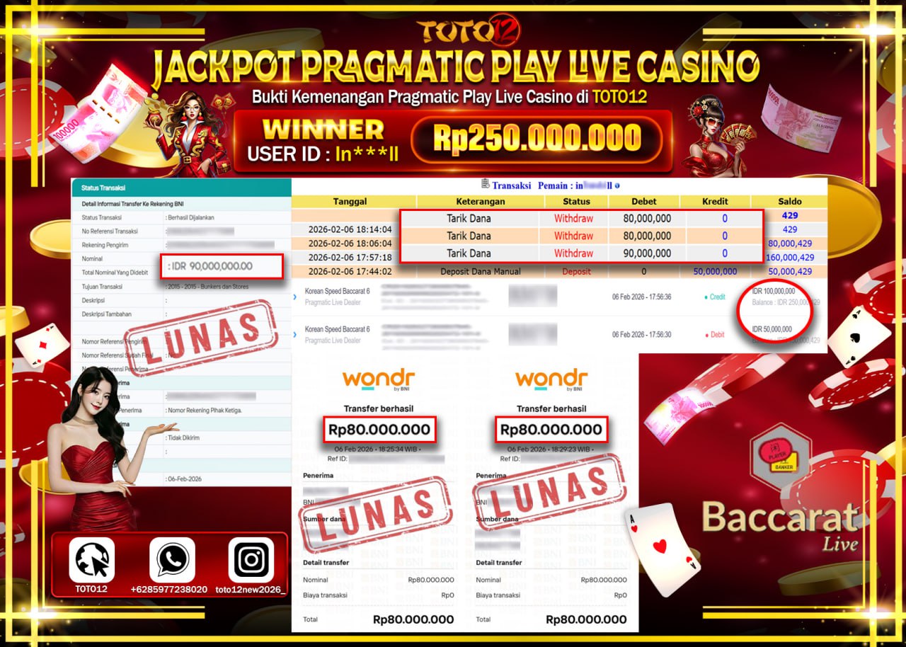 HANYA DI TOTO12 JP PASTI DI BAYAR LUNAS DAN CEPAT!!!!!! JACKPOT PRAGMATIC PLAY LIVE CASINO (KOREAN SPEED BACCARAT 6) Rp.250.000.000 !!!!
