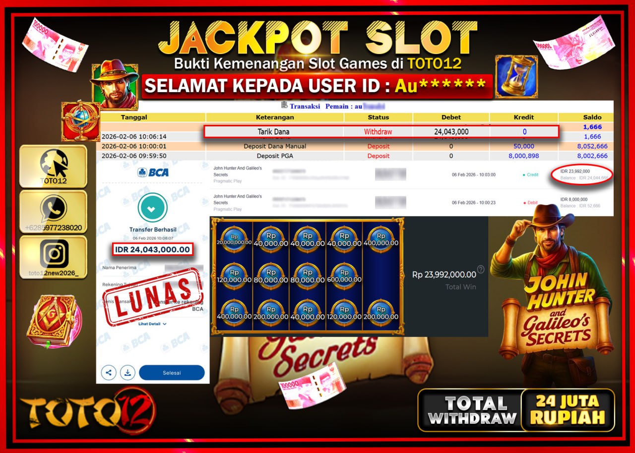 HANYA DI TOTO12 JP PASTI DI BAYAR LUNAS DAN CEPAT!!!!!! JACKPOT SLOT GAME (JOHIN HUNTER GALILEO S SECRETS ) Rp.24.043.000!!!!