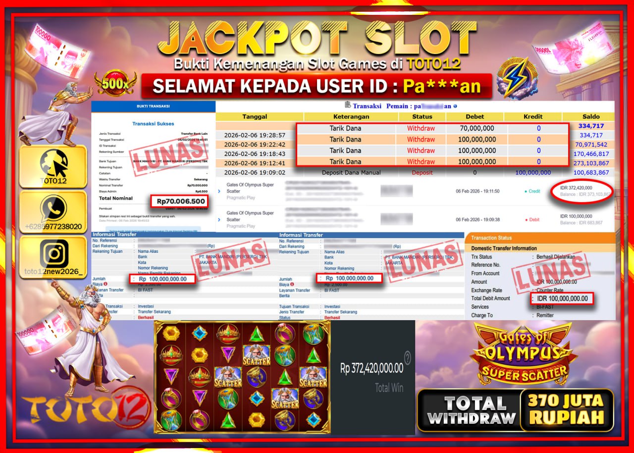 HANYA DI TOTO12 JP PASTI DI BAYAR LUNAS DAN CEPAT!!!!!! JACKPOT SLOT GAME (GATES OF OLYMPUS SUPER SCATTER) Rp.370.000.000!!!!