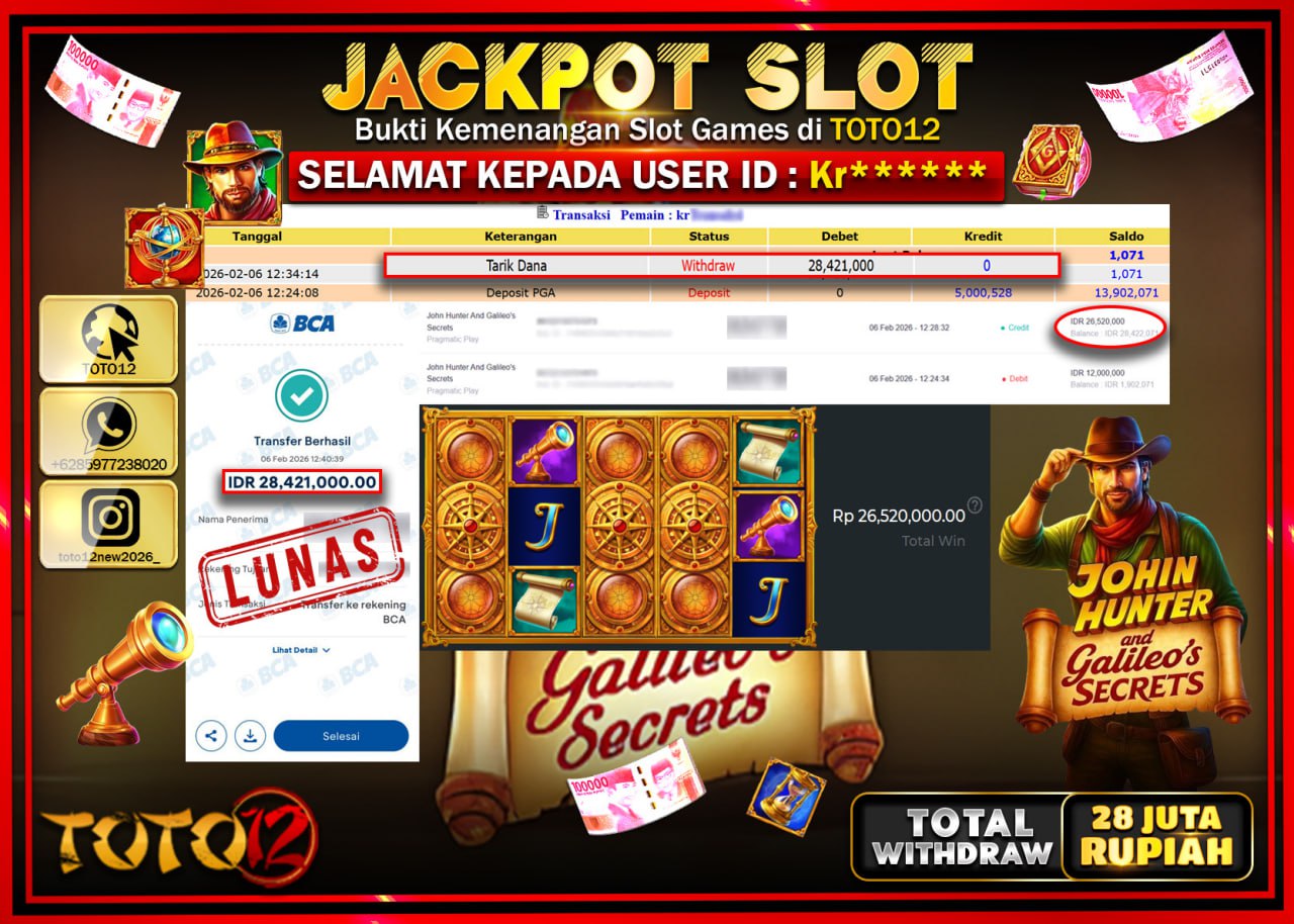 HANYA DI TOTO12 JP PASTI DI BAYAR LUNAS DAN CEPAT!!!!!! JACKPOT SLOT GAME (JOHIN HUNTER GALILEO S SECRETS) Rp.28.421.000!!!!