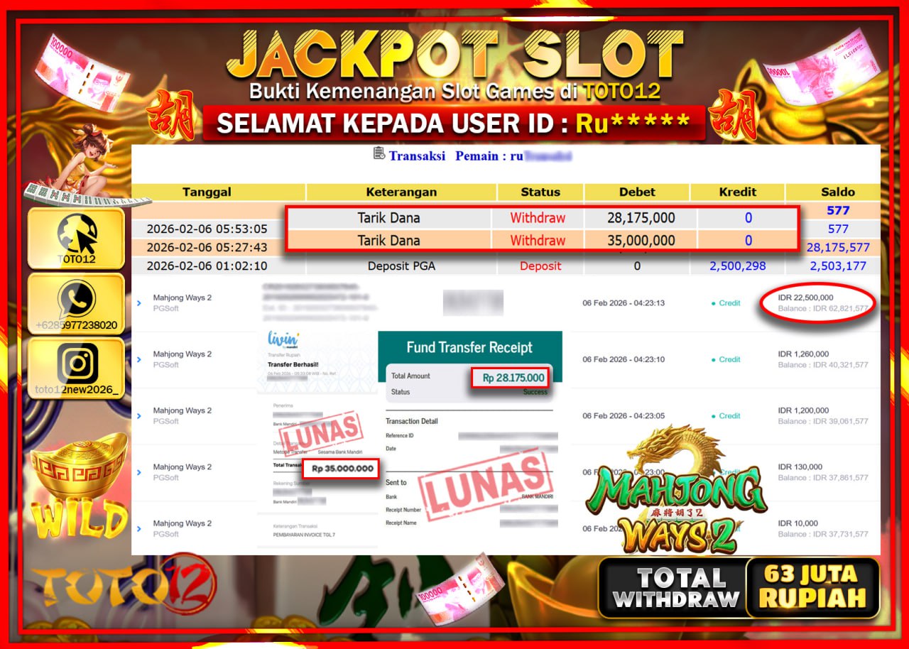 HANYA DI TOTO12 JP PASTI DI BAYAR LUNAS DAN CEPAT!!!!!! JACKPOT SLOT GAME (MAHJONG WAYS 2) Rp.63.178.500!!!!