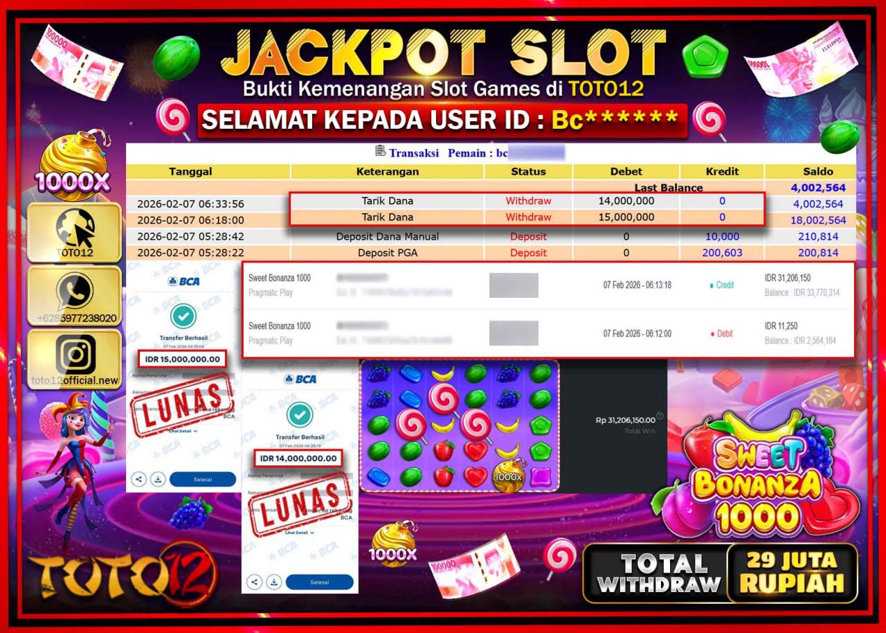 HANYA DI TOTO12 JP PASTI DI BAYAR LUNAS DAN CEPAT!!!!!! JACKPOT SLOT GAME (SWEET BONANZA 1000) Rp.29.000.000!!!!