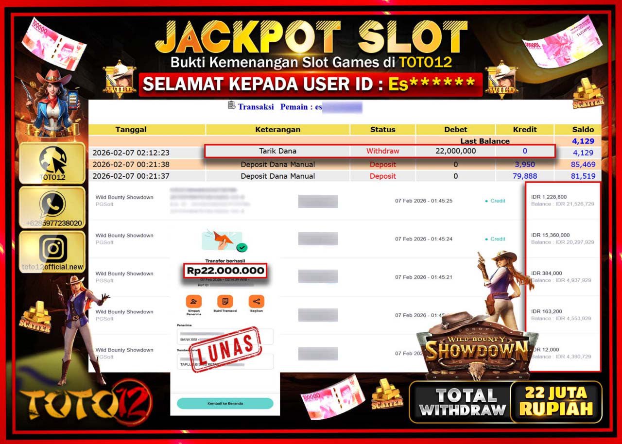 HANYA DI TOTO12 JP PASTI DI BAYAR LUNAS DAN CEPAT!!!!!! JACKPOT SLOT GAME (WILD BOUNTY SHOWDO) Rp22.000.000!!!!