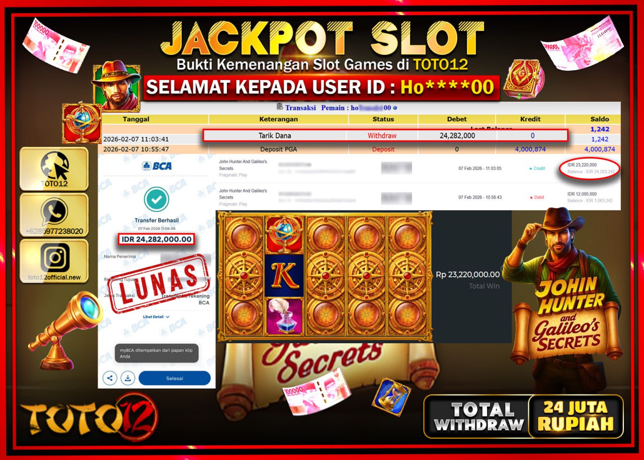 HANYA DI TOTO12 JP PASTI DI BAYAR LUNAS DAN CEPAT!!!!!! JACKPOT SLOT GAME (JOHIN HUNTER and GALILEOS SECRETS) Rp.24.282.000!!!!