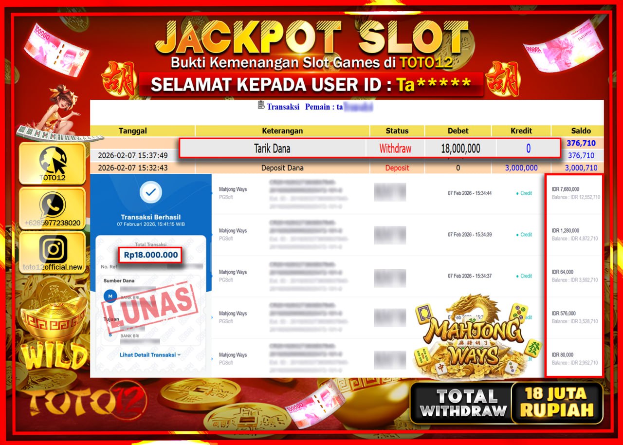 HANYA DI TOTO12 JP PASTI DI BAYAR LUNAS DAN CEPAT!!!!!! JACKPOT SLOT GAME (MAHJONG WAYS) Rp.18.000.000!!!!