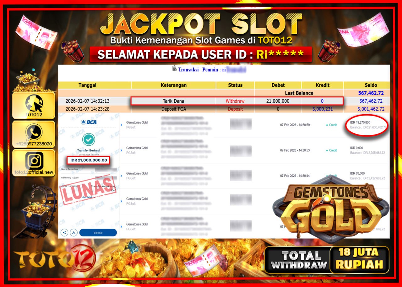 HANYA DI TOTO12 JP PASTI DI BAYAR LUNAS DAN CEPAT!!!!!! JACKPOT SLOT GAME (GEMSTONES GOLD) Rp.21.000.000!!!!