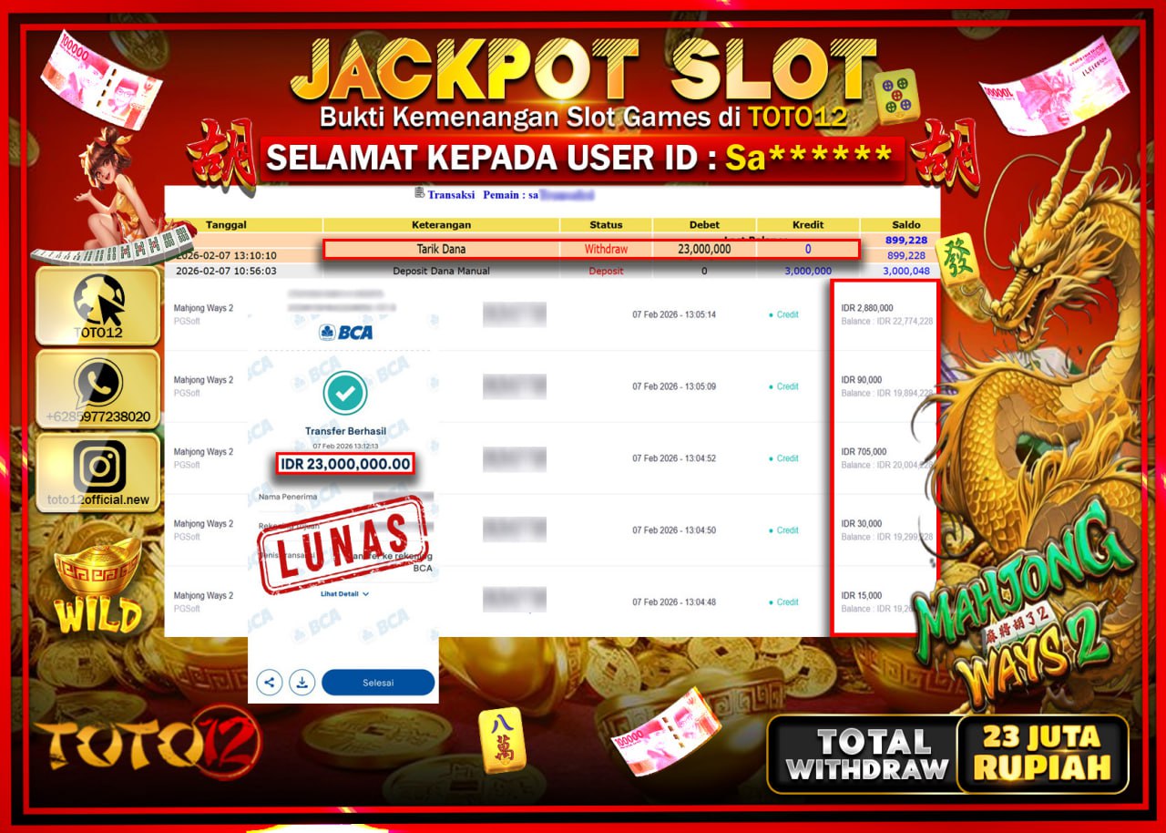 HANYA DI TOTO12 JP PASTI DI BAYAR LUNAS DAN CEPAT!!!!!! JACKPOT SLOT GAME (MAHJONG WAYS 2) Rp.23.000.000!!!!
