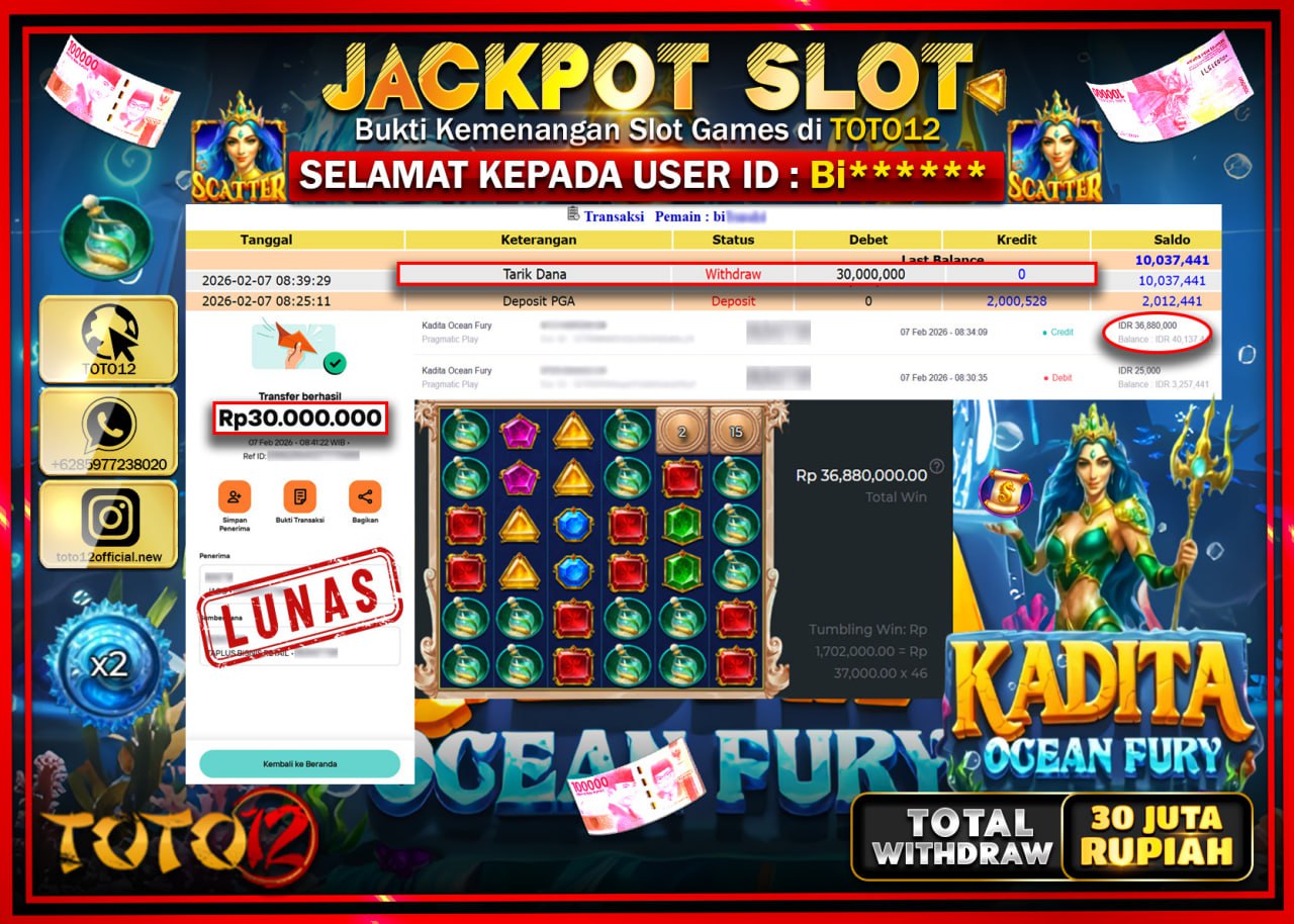 HANYA DI TOTO12 JP PASTI DI BAYAR LUNAS DAN CEPAT!!!!!! JACKPOT SLOT GAME (KADITA OCEAN FURY) Rp.30.000.000!!!!