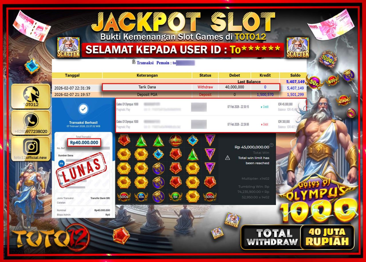 HANYA DI TOTO12 JP PASTI DI BAYAR LUNAS DAN CEPAT!!!!!! JACKPOT SLOT GAME (GATES OF OLYMPUS 1000) Rp.40.000.000!!!!