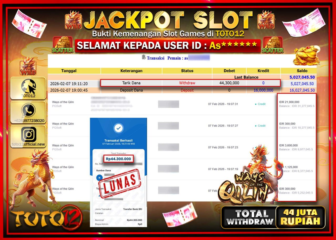 HANYA DI TOTO12 JP PASTI DI BAYAR LUNAS DAN CEPAT!!!!!! JACKPOT SLOT GAME (WAYS OF THE QILIN) Rp.44.300.000!!!!