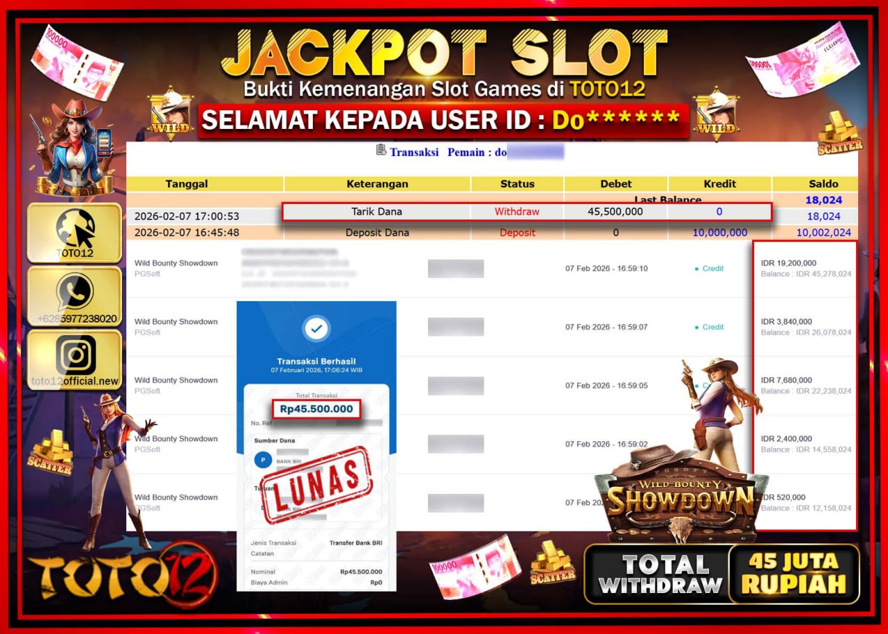 HANYA DI TOTO12 JP PASTI DI BAYAR LUNAS DAN CEPAT!!!!!! JACKPOT SLOT GAME (WILD BOUNTY SHOWDOWN) Rp.45.500.000!!!!