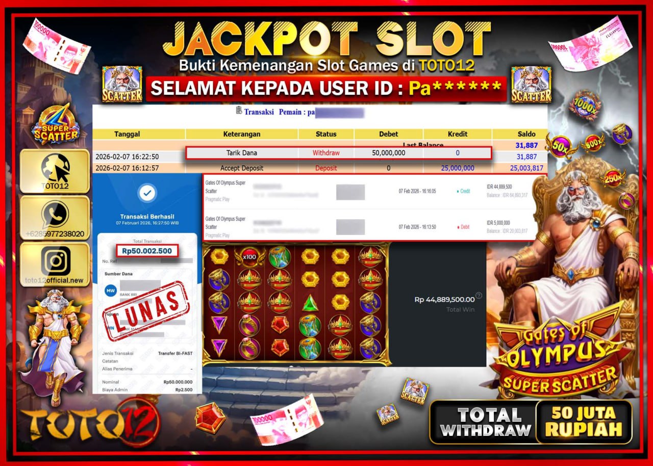 HANYA DI TOTO12 JP PASTI DI BAYAR LUNAS DAN CEPAT!!!!!! JACKPOT SLOT GAME (GATES OF OLYMPUS SUPER SCATTER) Rp.50.000.000!!!!