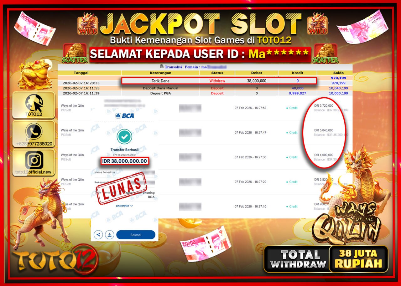 HANYA DI TOTO12 JP PASTI DI BAYAR LUNAS DAN CEPAT!!!!!! JACKPOT SLOT GAME (WAYS OF THE QILIN) Rp.38.000.000!!!!