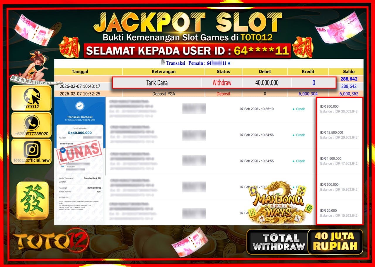 HANYA DI TOTO12 JP PASTI DI BAYAR LUNAS DAN CEPAT!!!!!! JACKPOT SLOT GAME (MAHJONG WAYS) Rp.40.000.000!!!!
