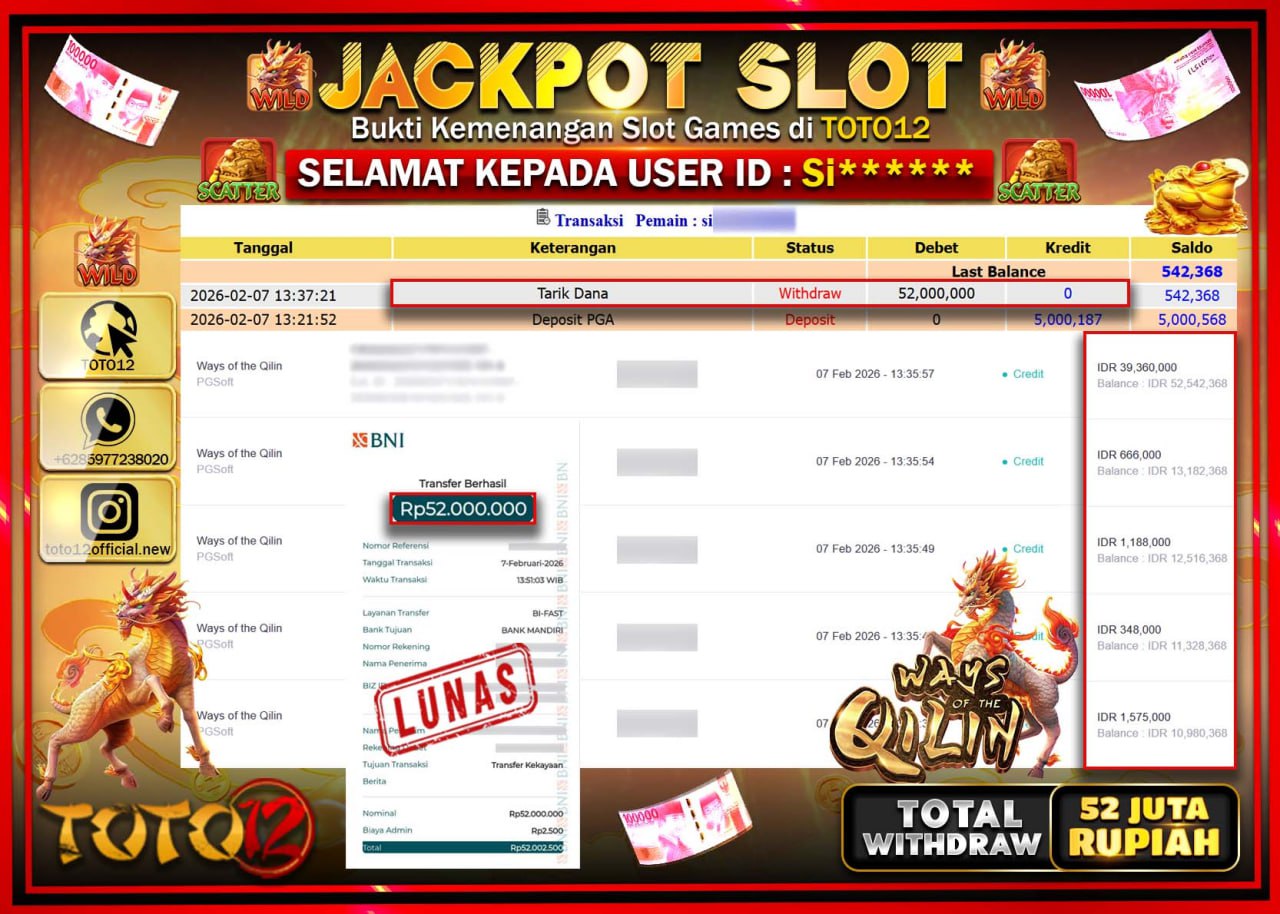HANYA DI TOTO12 JP PASTI DI BAYAR LUNAS DAN CEPAT!!!!!! JACKPOT SLOT GAME (WAYS OF THE QILIN) Rp.52.000.000!!!!