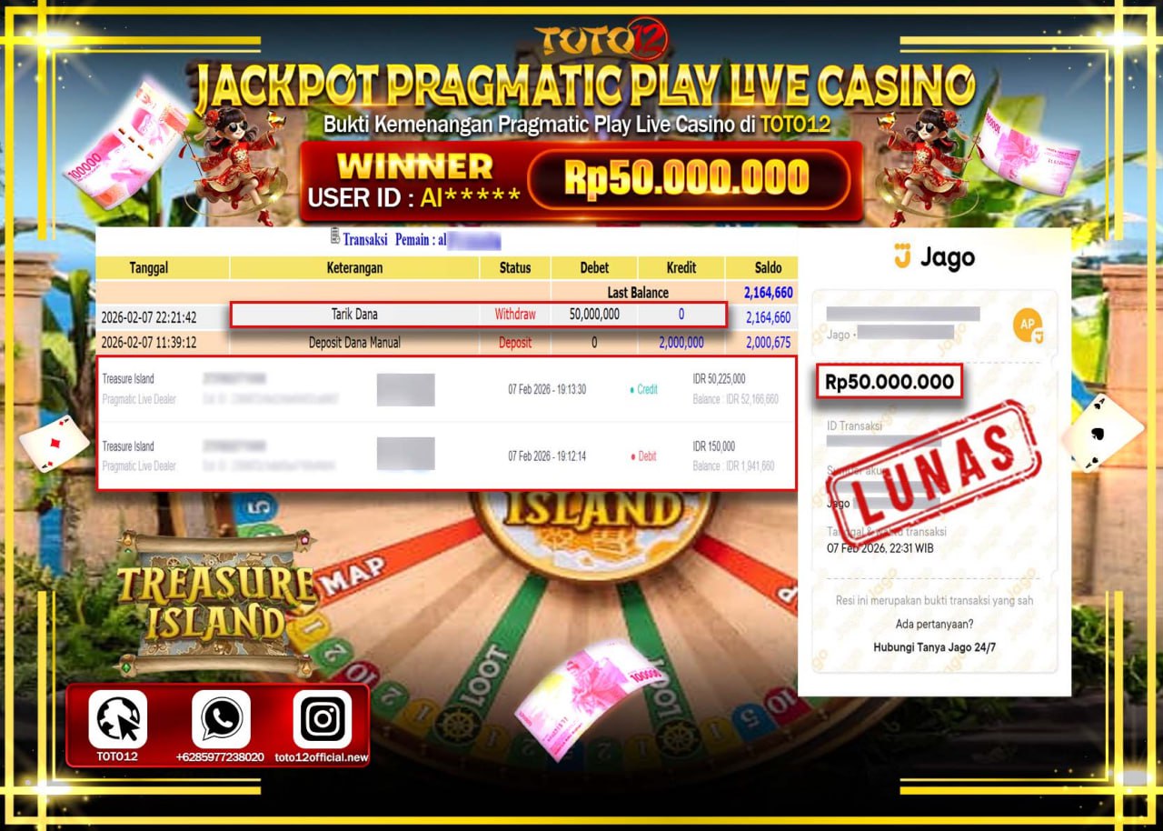HANYA DI TOTO12 JP PASTI DI BAYAR LUNAS DAN CEPAT!!!!!! JACKPOT PRAGMATIC PLAY LIVE CASINO (TREASURE ISLAND) Rp.50.000.000 !!!!