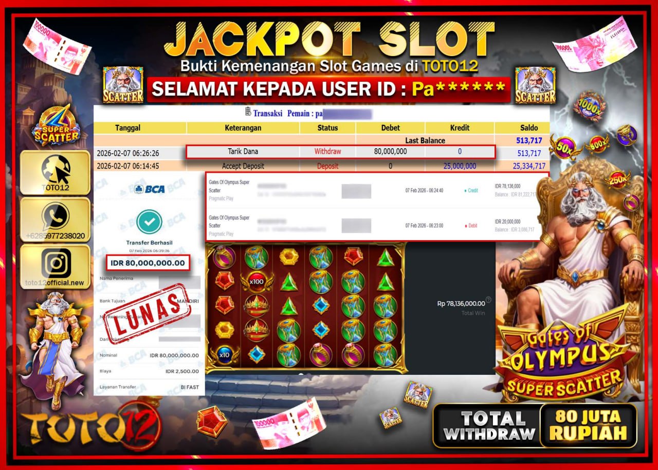 HANYA DI TOTO12 JP PASTI DI BAYAR LUNAS DAN CEPAT!!!!!! JACKPOT SLOT GAME (GATES OF OLYMPUS SUPER SCATTER) Rp.80.000.000!!!!