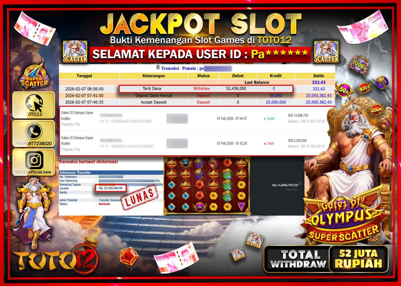 HANYA DI TOTO12 JP PASTI DI BAYAR LUNAS DAN CEPAT!!!!!! JACKPOT SLOT GAME (GATES OF OLYMPUS SUPER SCATTER) Rp.52.436.000!!!!