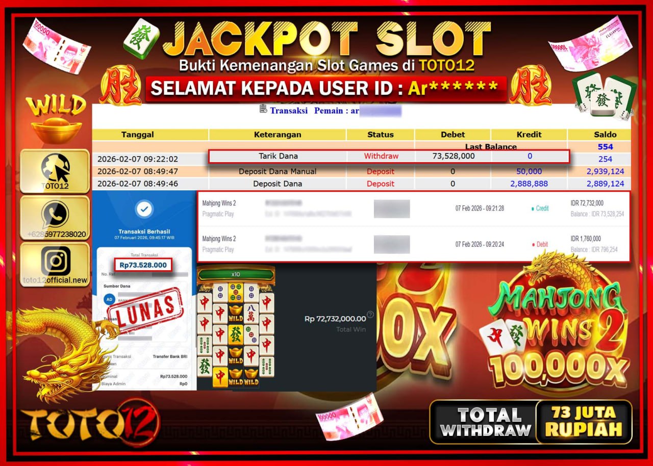 HANYA DI TOTO12 JP PASTI DI BAYAR LUNAS DAN CEPAT!!!!!! JACKPOT SLOT GAME (MAHJONG WINS 2) Rp.73.528.000!!!!