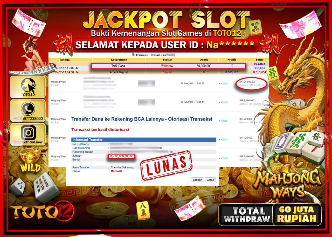 HANYA DI TOTO12 JP PASTI DI BAYAR LUNAS DAN CEPAT!!!!!! JACKPOT SLOT GAME (MAHJONG WAYS) Rp.60.000.000!!!!