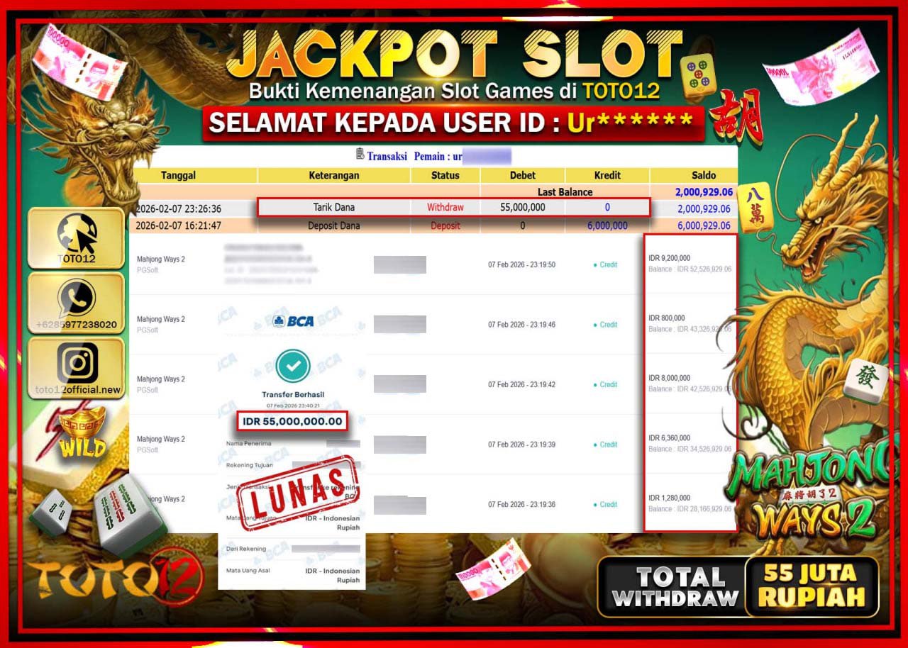 HANYA DI TOTO12 JP PASTI DI BAYAR LUNAS DAN CEPAT!!!!!! JACKPOT SLOT GAME (MAHJONG WAYS 2) Rp.55.000.000!!!!