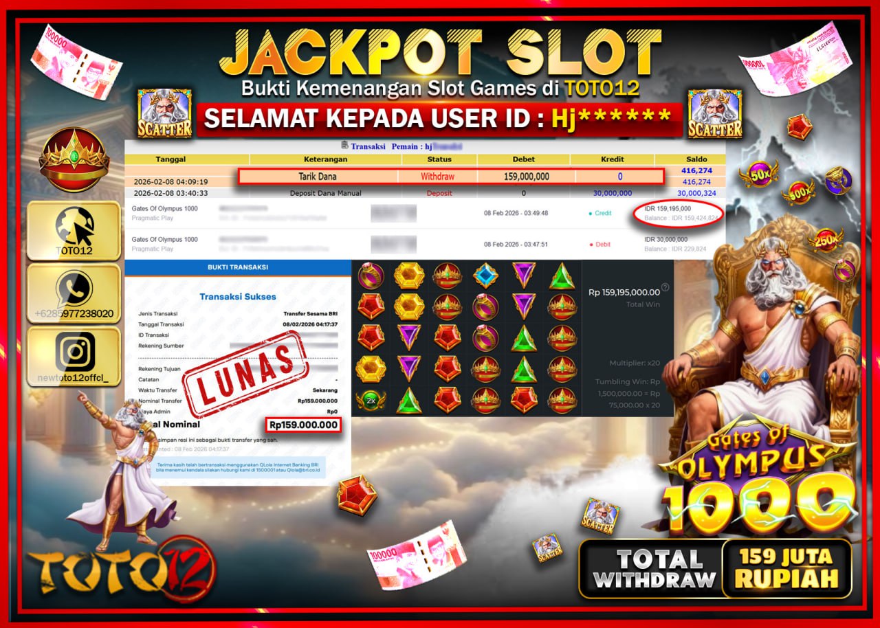 HANYA DI TOTO12 JP PASTI DI BAYAR LUNAS DAN CEPAT!!!!!! JACKPOT SLOT GAME (GATES OF OLYMPUS 1000) Rp.159.000.000!!!!