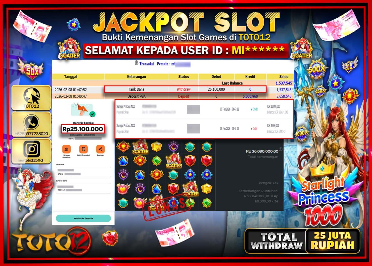 HANYA DI TOTO12 JP PASTI DI BAYAR LUNAS DAN CEPAT!!!!!! JACKPOT SLOT GAME (STARLIGHT PRINCESS 1000) Rp.25.100.000!!!!