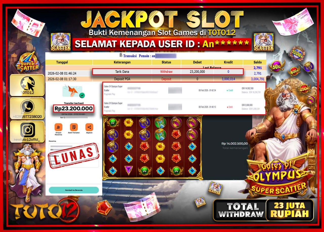 HANYA DI TOTO12 JP PASTI DI BAYAR LUNAS DAN CEPAT!!!!!! JACKPOT SLOT GAME (GATES of OLYMPUS super scatter) Rp.23.200.000!!!!