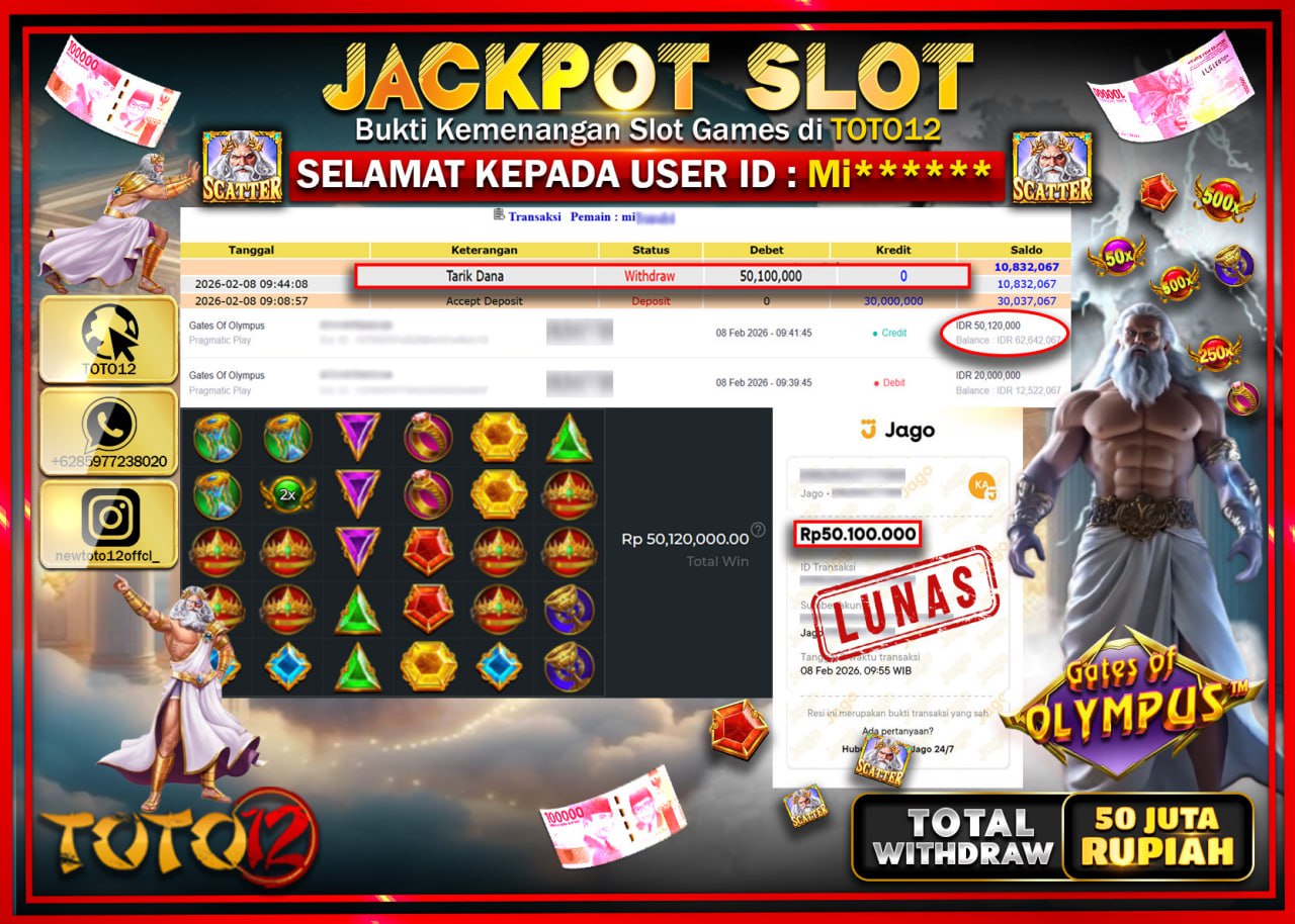 HANYA DI TOTO12 JP PASTI DI BAYAR LUNAS DAN CEPAT!!!!!! JACKPOT SLOT GAME (GATES OF OLYMPUS) Rp.50.100.000!!!!