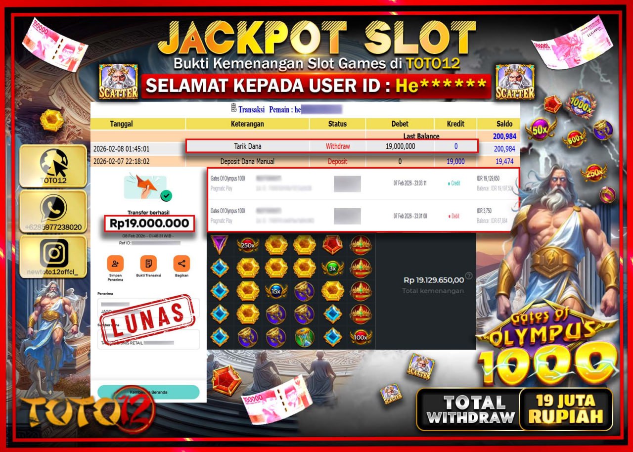 HANYA DI TOTO12 JP PASTI DI BAYAR LUNAS DAN CEPAT!!!!!! JACKPOT SLOT GAME (GATES Of OLYMPUS 1000) Rp.19.000.000!!!!
