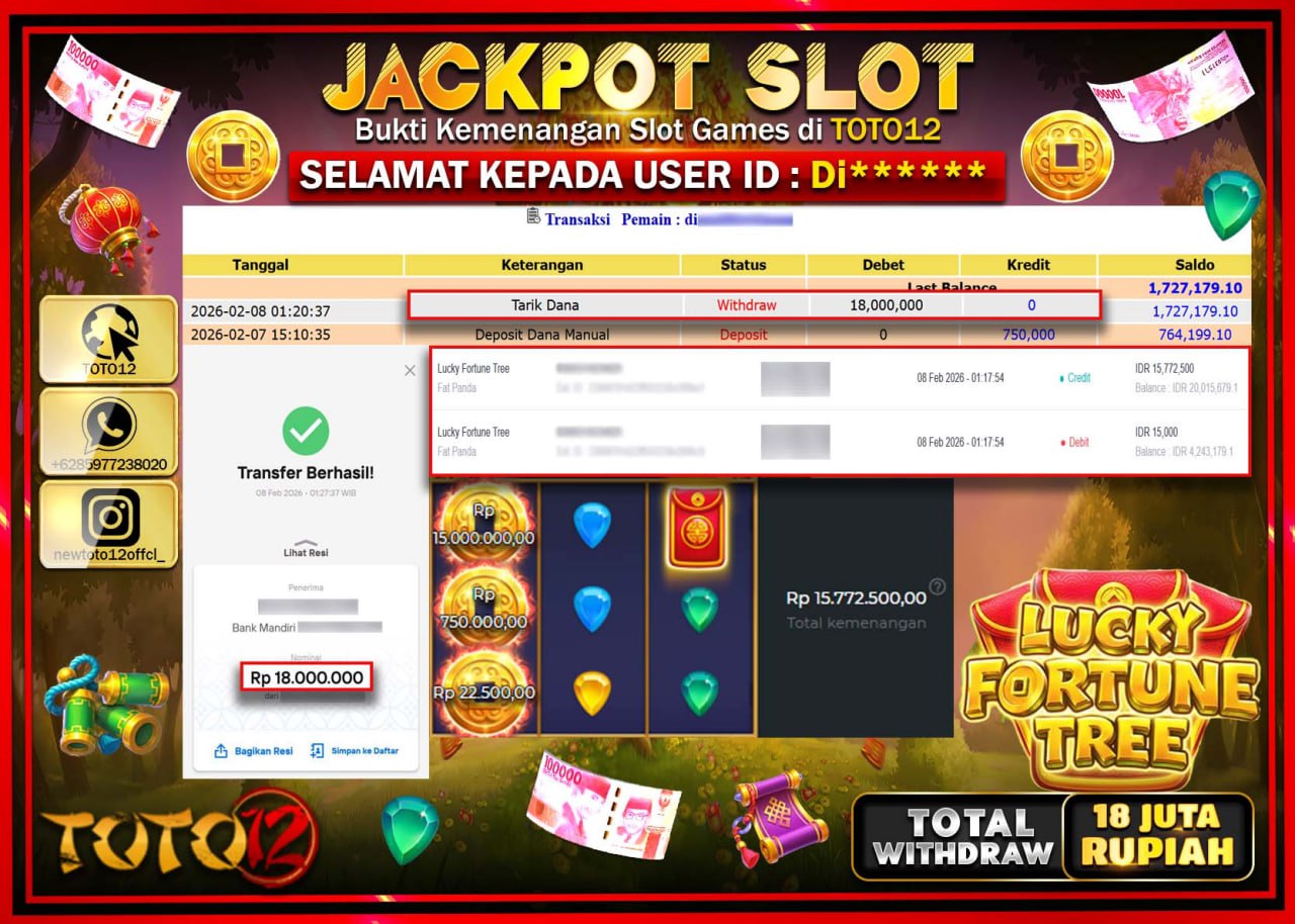 HANYA DI TOTO12 JP PASTI DI BAYAR LUNAS DAN CEPAT!!!!!! JACKPOT SLOT GAME (LUCK FORTUNE TREE) Rp.18.000.000!!!!